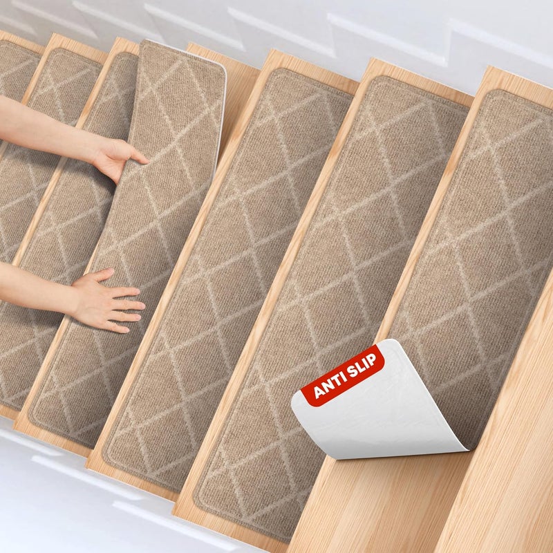 MBIGM 8" X 30" (15 in Pack) Non-Slip Carpet Stair Treads Non-Skid Safety Rug Slip Resistant Indoor Runner for Kids Elders & Pets with Reusable Adhesive - Cornstalk Diamond Weave - Image 1